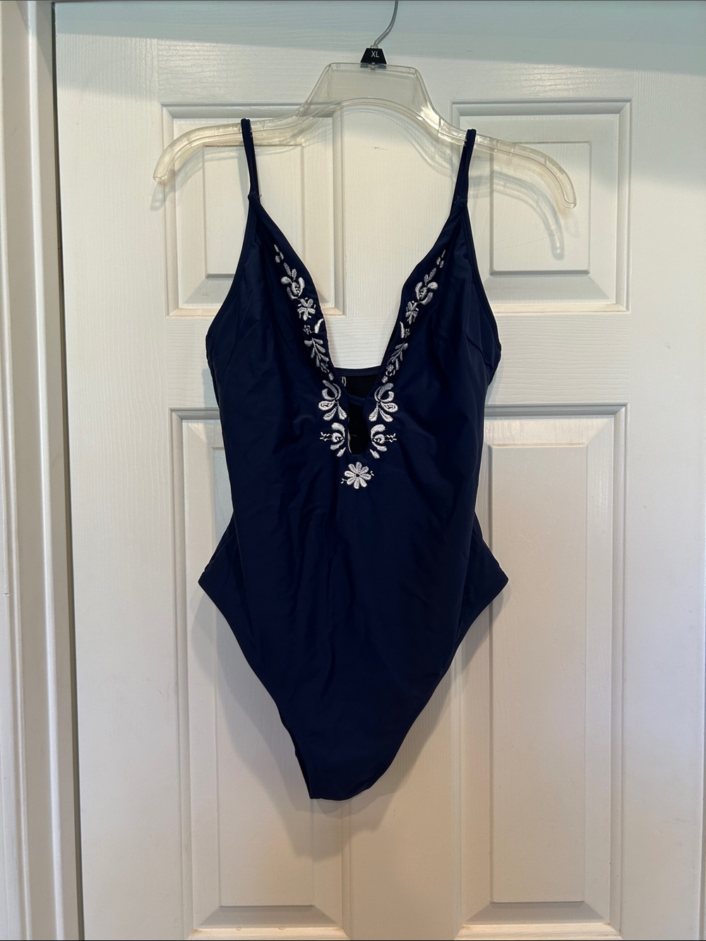 Navy One-Piece Swimsuit with White Floral Embroidery